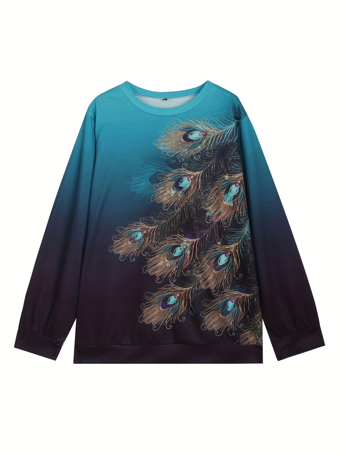 Peacock Feather Print Long Sleeve Round Neck Sweatshirt