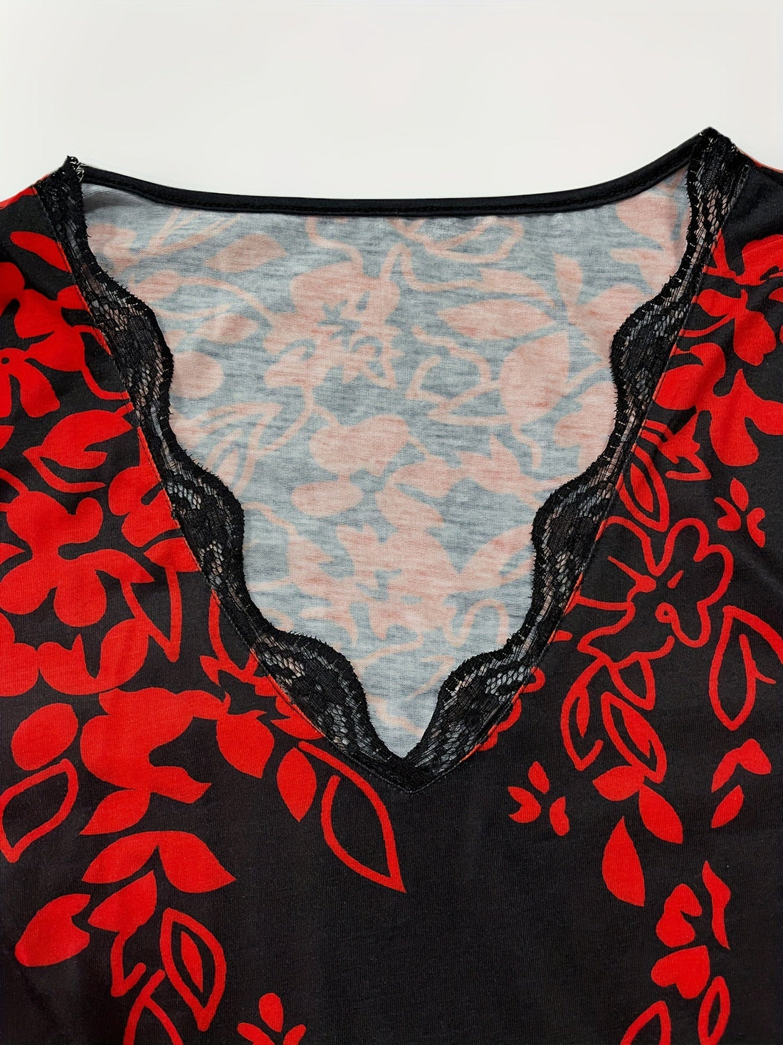 Casual Top, Women's Leaf Print Contrast Lace Long Sleeve V Neck Slight Stretch Top