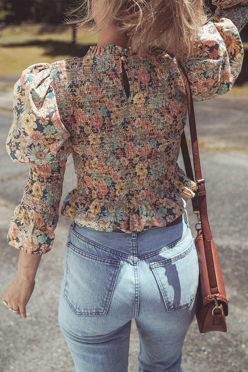 Yellow Floral Print Smocked Bubble Sleeve Ruffled Crop Top