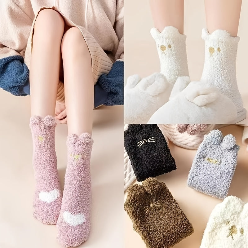 Warm & Fuzzy Cartoon Animal Socks, Crew Length Warm Coral Fleece Socks