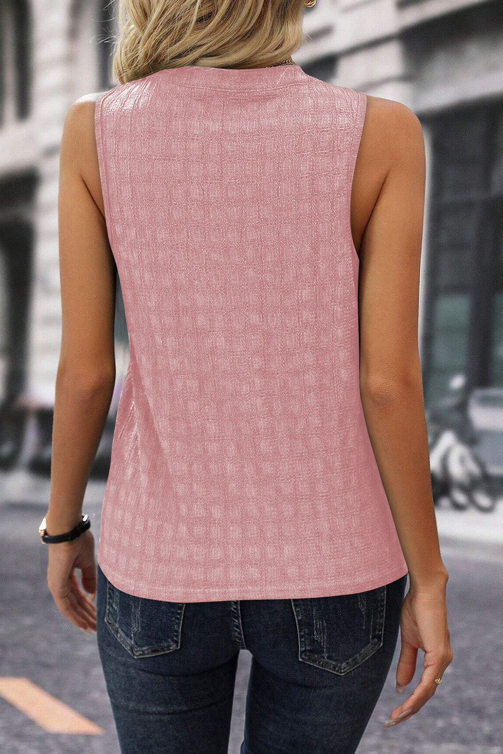 Pink Lattice Textured Split Neck Tank Top