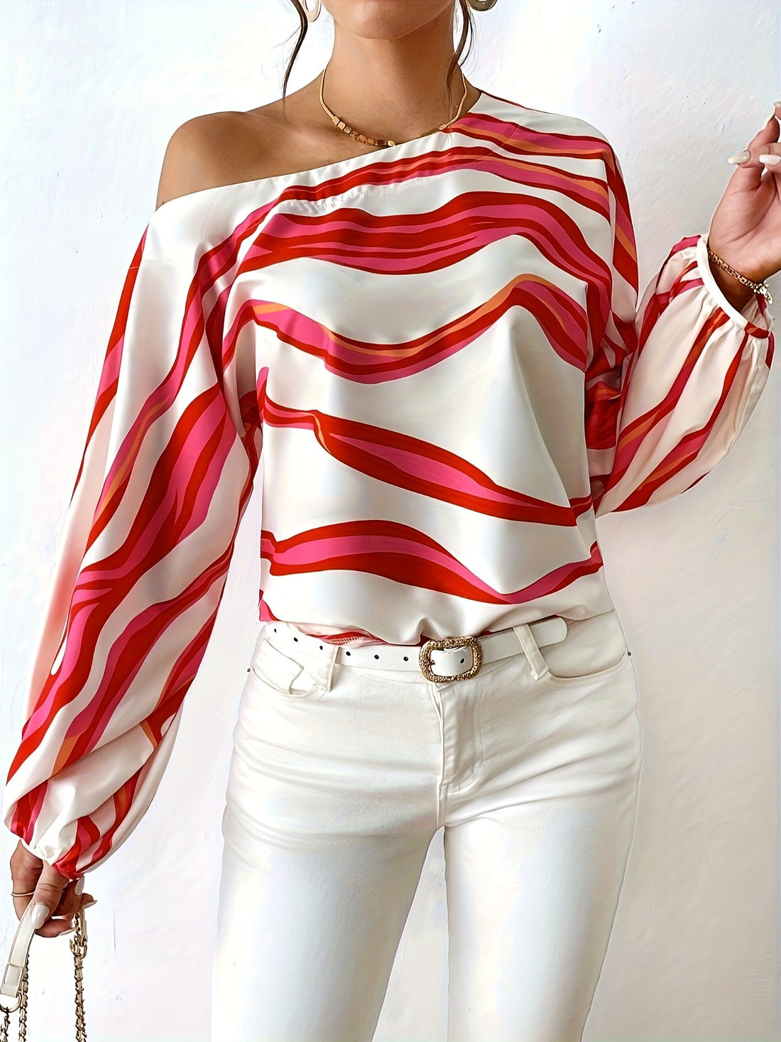 Striped Print Slant Shoulder Blouse, Elegant Lantern Sleeve Blouse