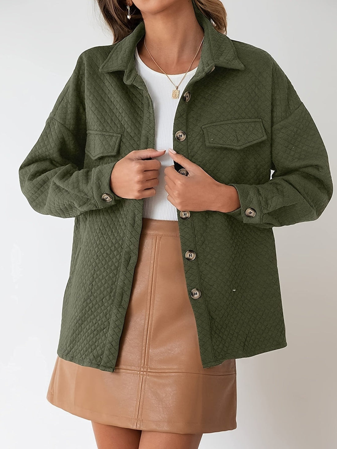 Textured Button Front Jacket, Casual Fake Pockets Long Sleeve Jacket