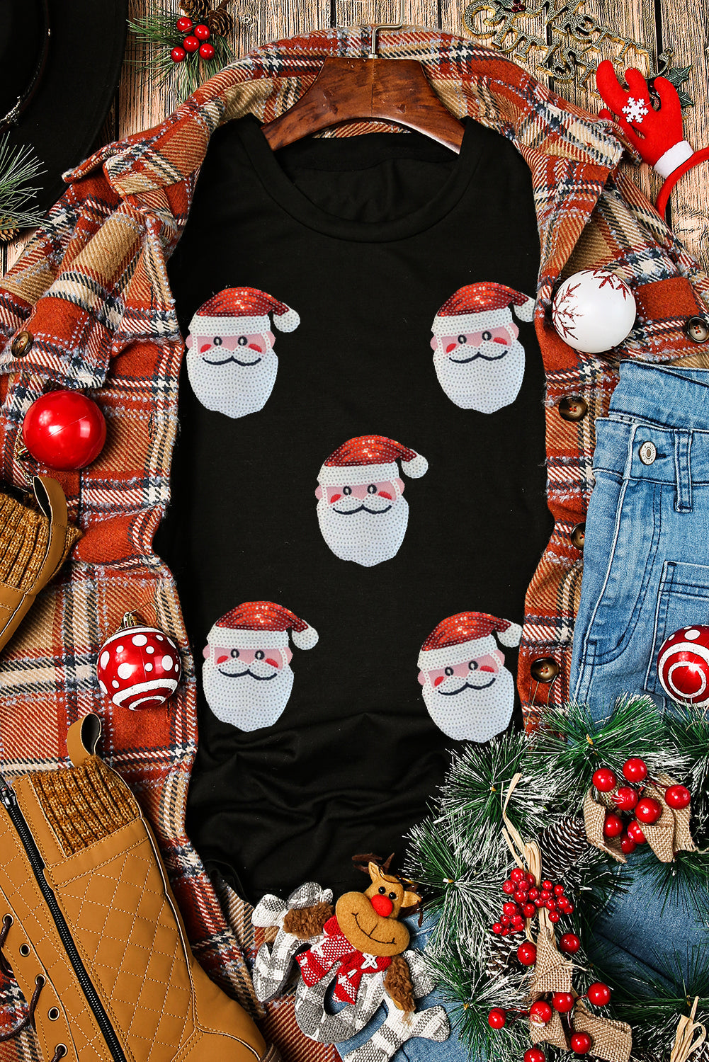 Black Faux Sequin Christmas Claus Pattern Crewneck T Shirt