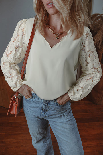 White Scalloped V Neckline Lace Hollowed Lantern Sleeve Blouse