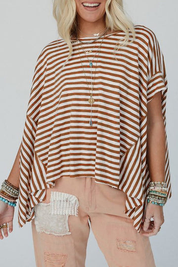 Khaki Stripe Batwing Sleeve Crewneck Oversized Top