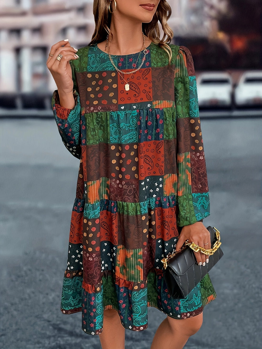 Boho Dress, Women's Patchwork Print Lantern Sleeve Round Neck Loose Fit Mini Dress