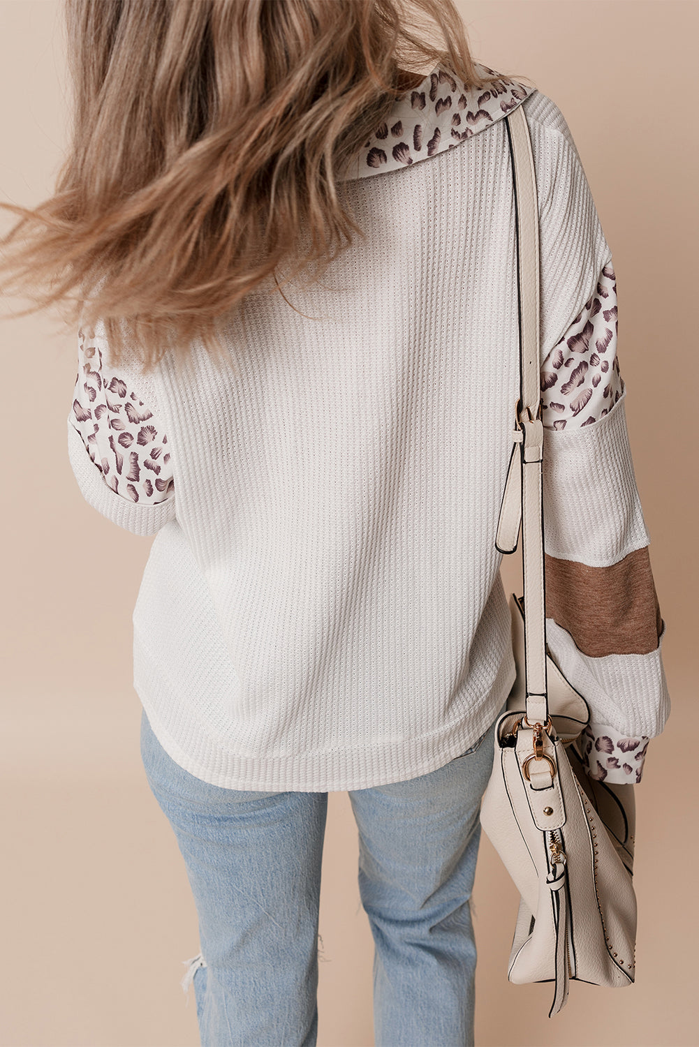 White Leopard Patchwork Turn-down Collar Waffle Top