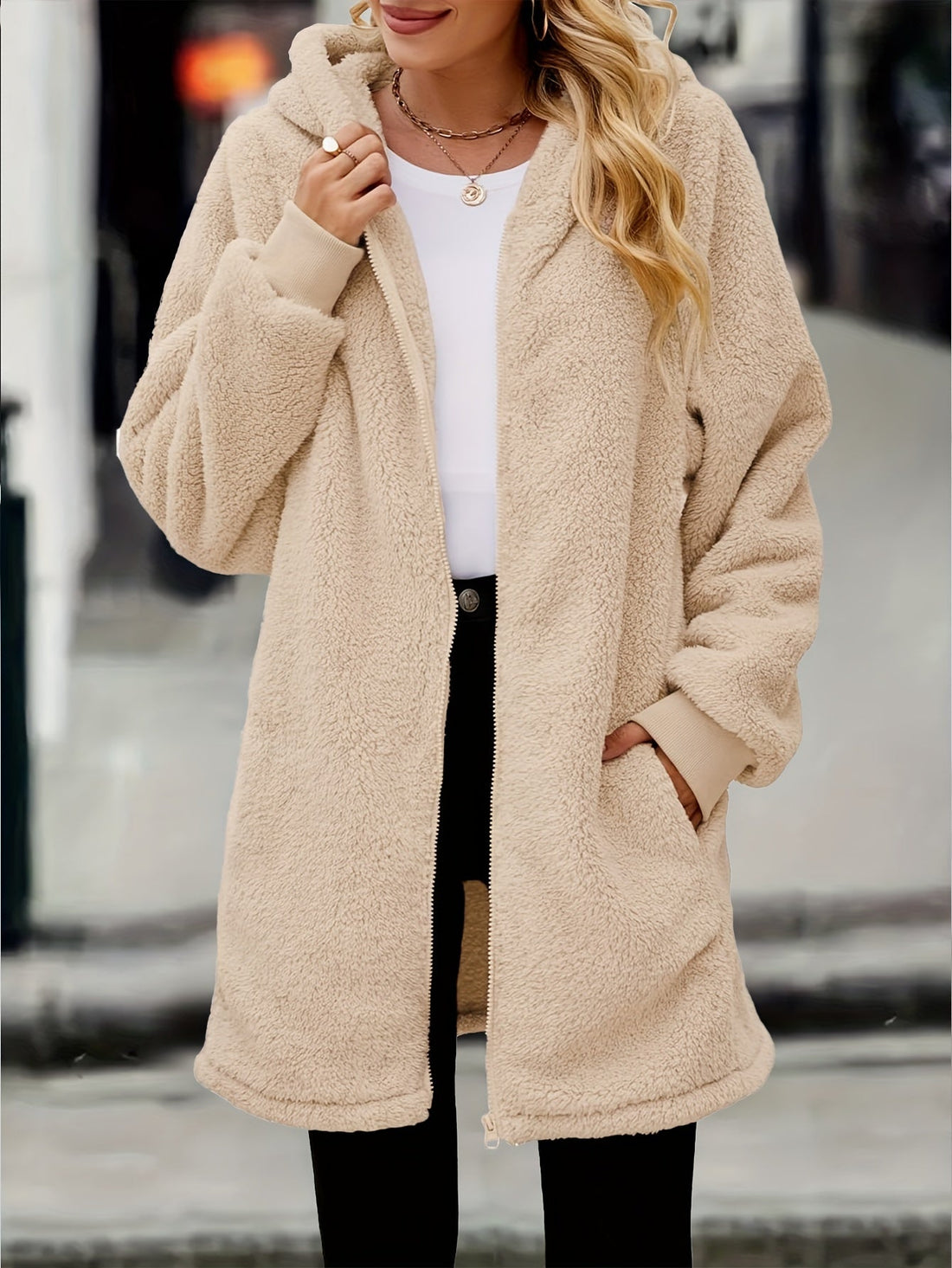 Women's Casual Solid Color Faux Fur Coat with Hood