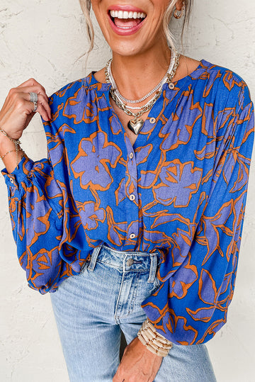 Blue Floral Print Batwing Sleeve Buttoned Loose Fit Shirt