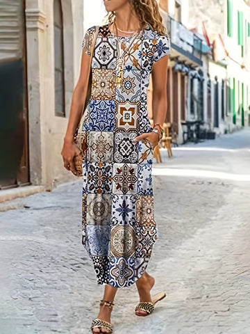 Boho Paisley Print Crew Neck Dress, Casual Short Sleeve Dress