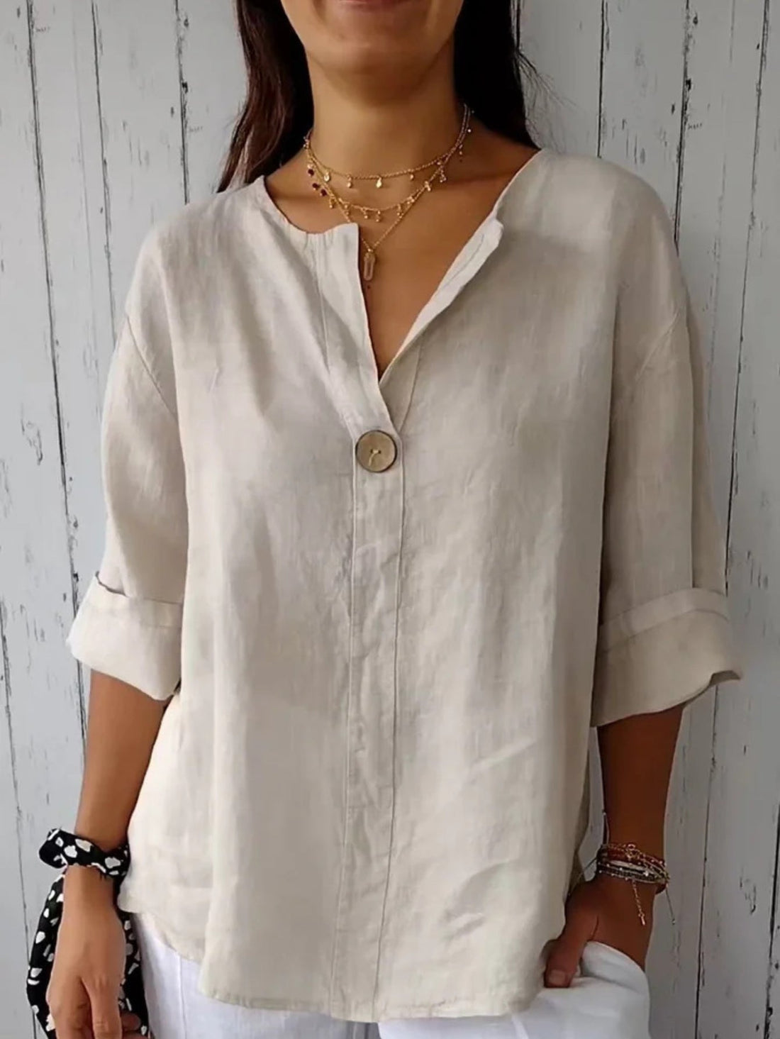 V Neck Three Quarter Sleeve Plain Buttoned Regular Loose Blouse