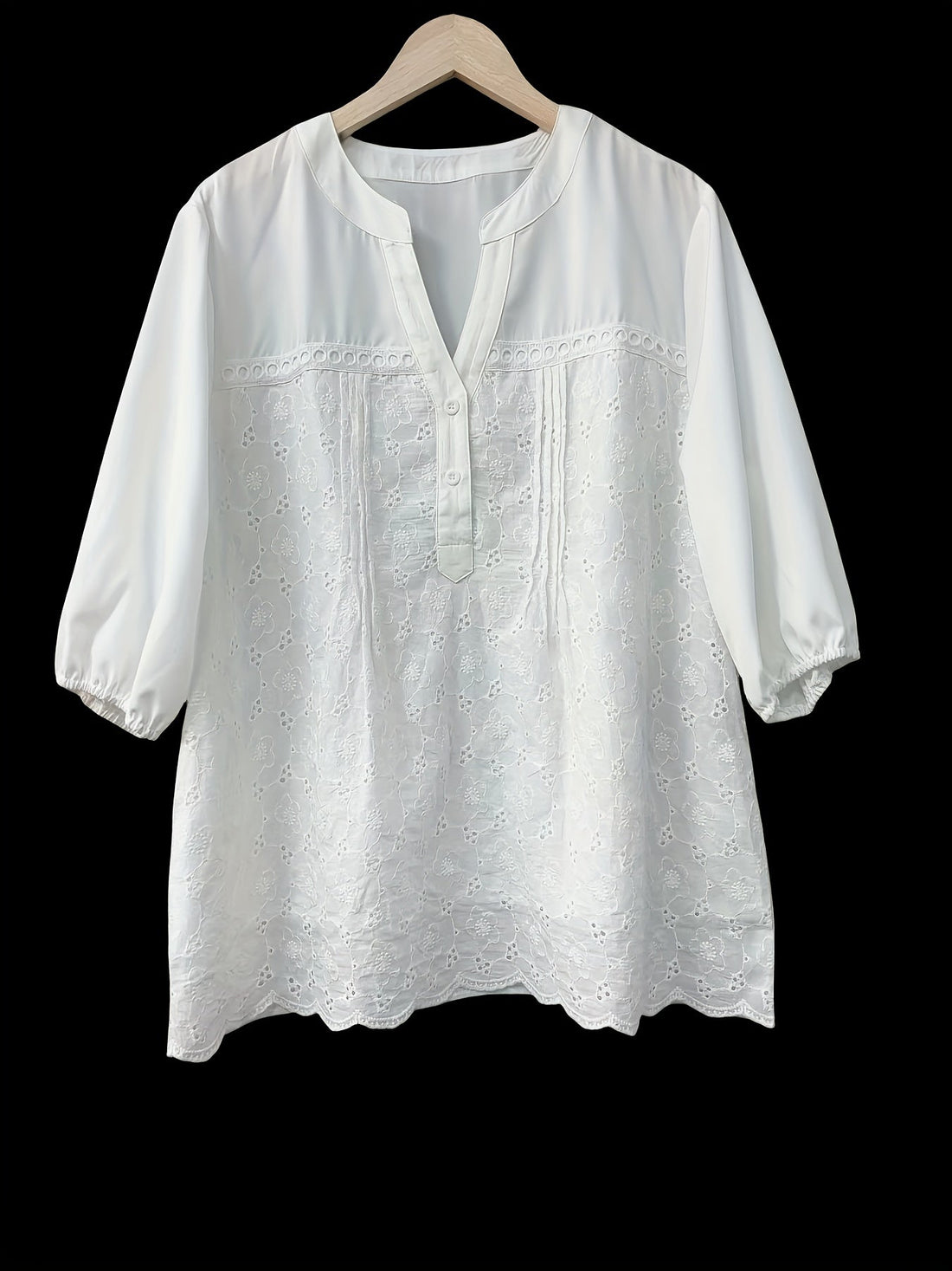 Solid Embroidery Eyelet Blouse, Vacation Notched Neck 3/4 Sleeve Blouse