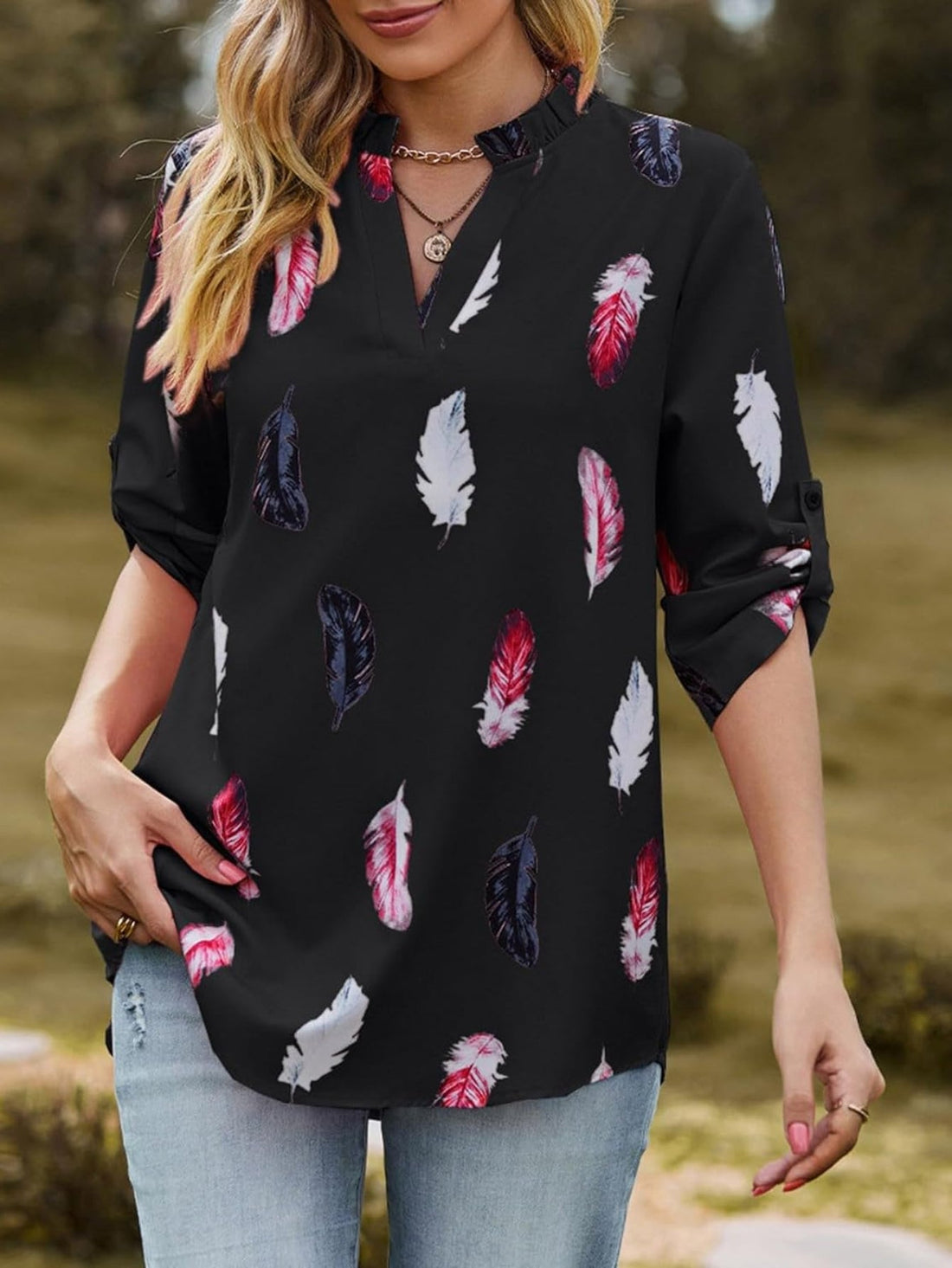 V Neck Feather Print Three Quarter Sleeve Loose Shirt