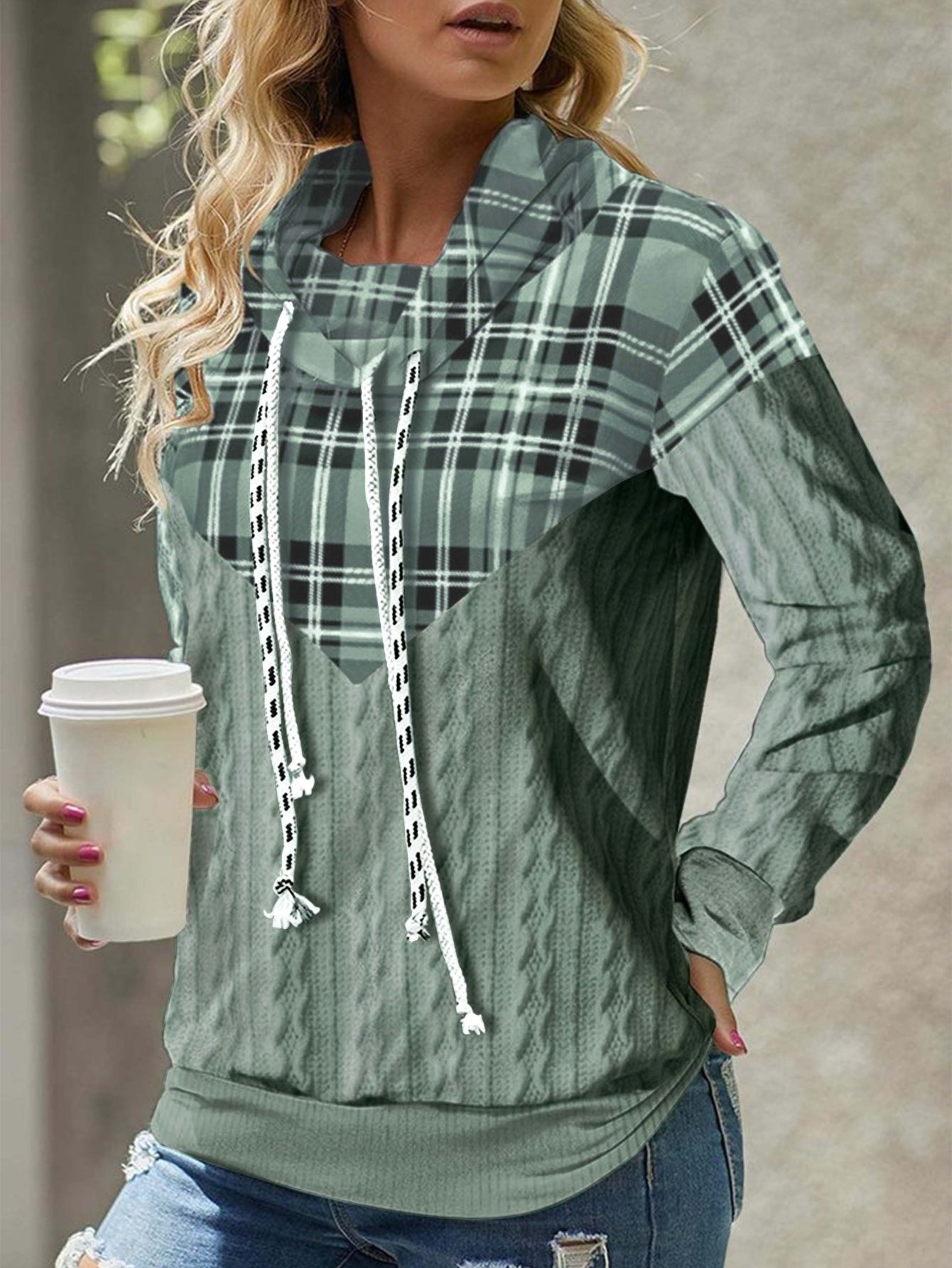 Plaid Print Paneled Drawstring Hoodie, Casual Long Sleeve Hooded Sweatshirt