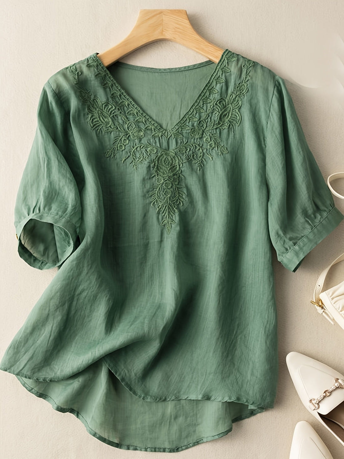 Floral Embroidery V Neck T-shirt, Vintage Half Sleeve Cotton Loose T-shirt