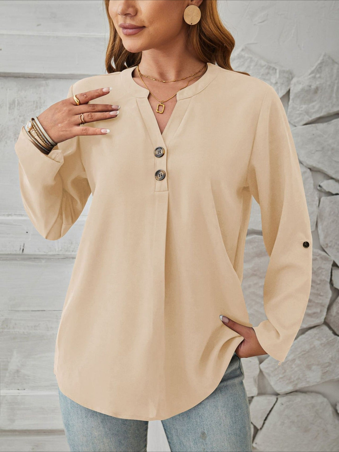 V-Neck Solid Color Comfortable Breathable Casual Long Sleeve Top