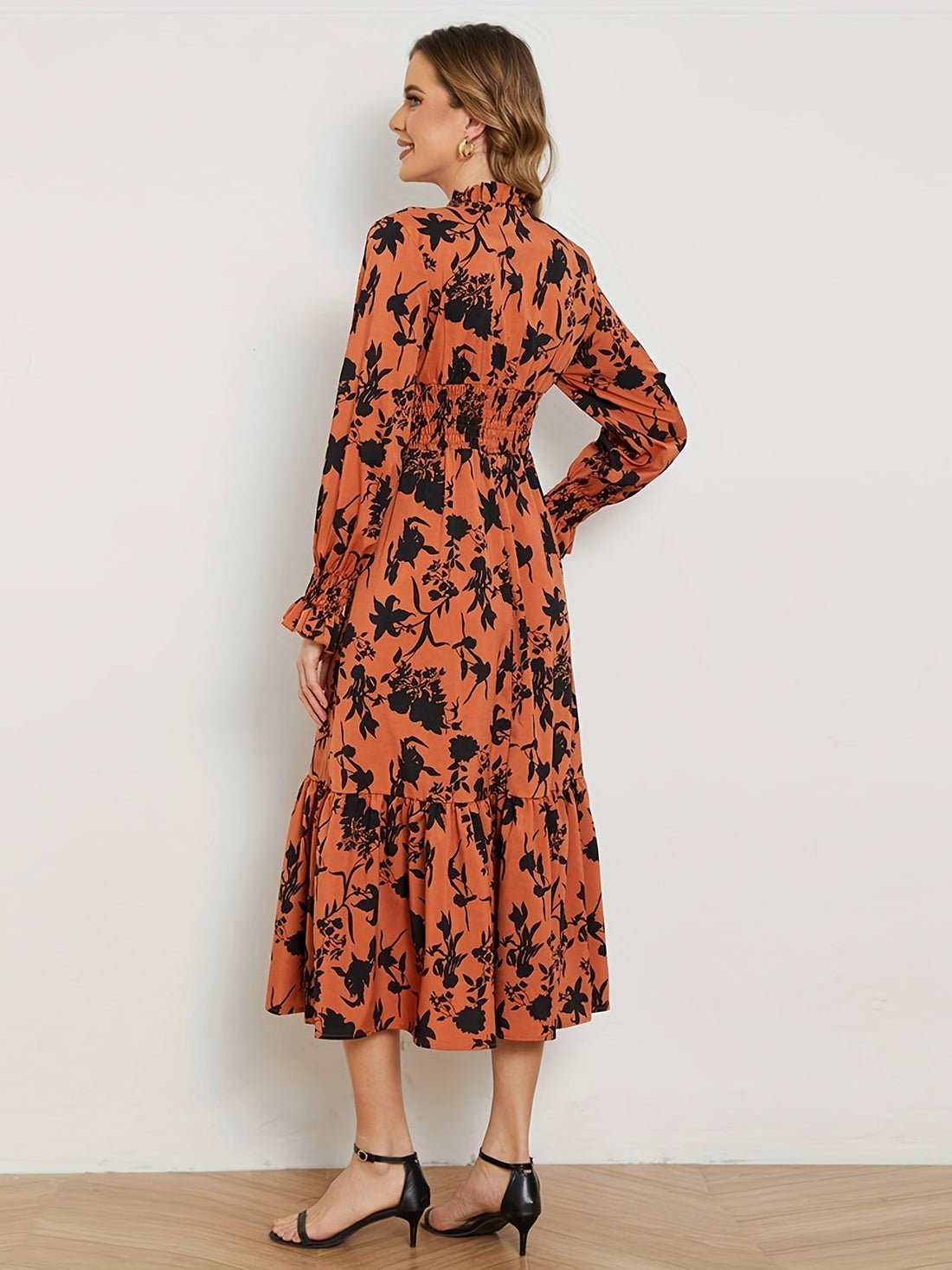 Floral Print Shirred Waist Dress, Casual V Neck Long Sleeve Dress