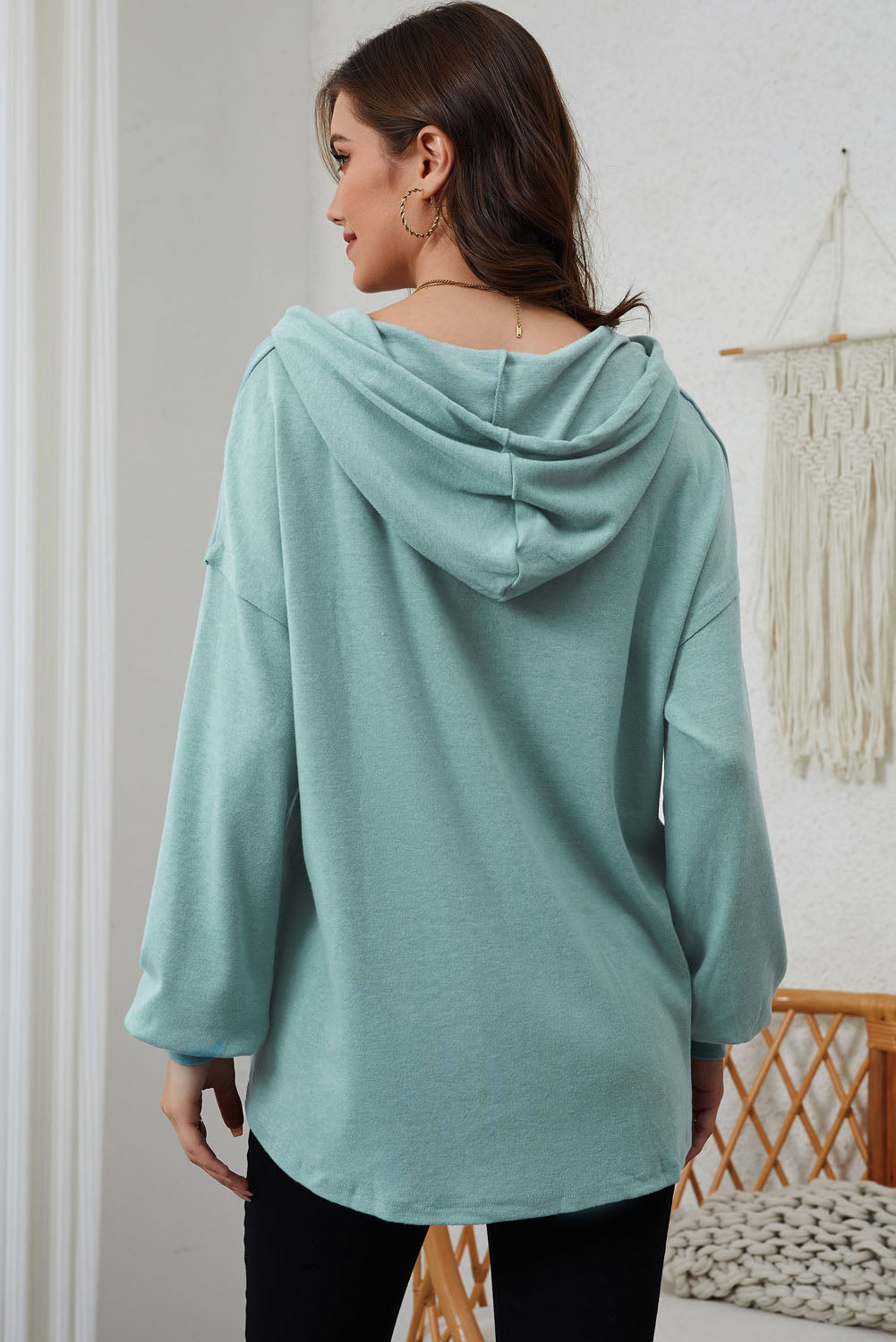 Buttoned High and Low Hem Hoodie