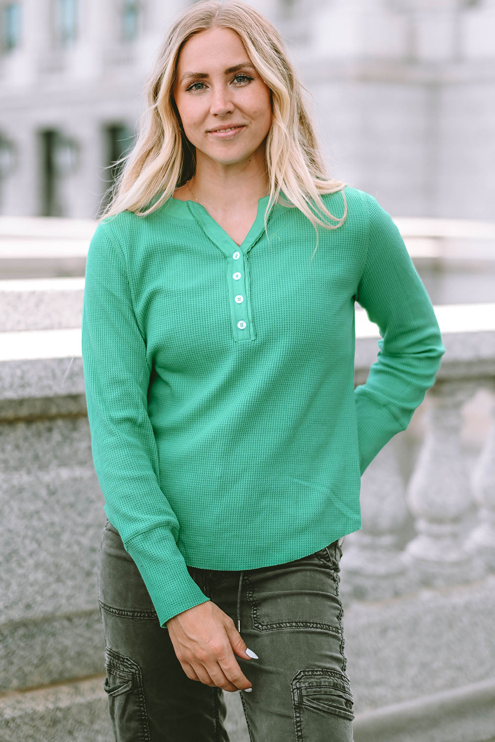 Green Trimmed Neckline Waffle Knit Henley Top