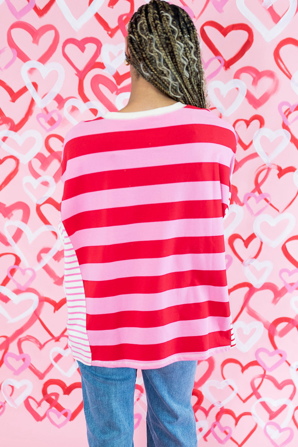 Pink Stripe Patchwork Round Neck Side Split Loose T Shirt