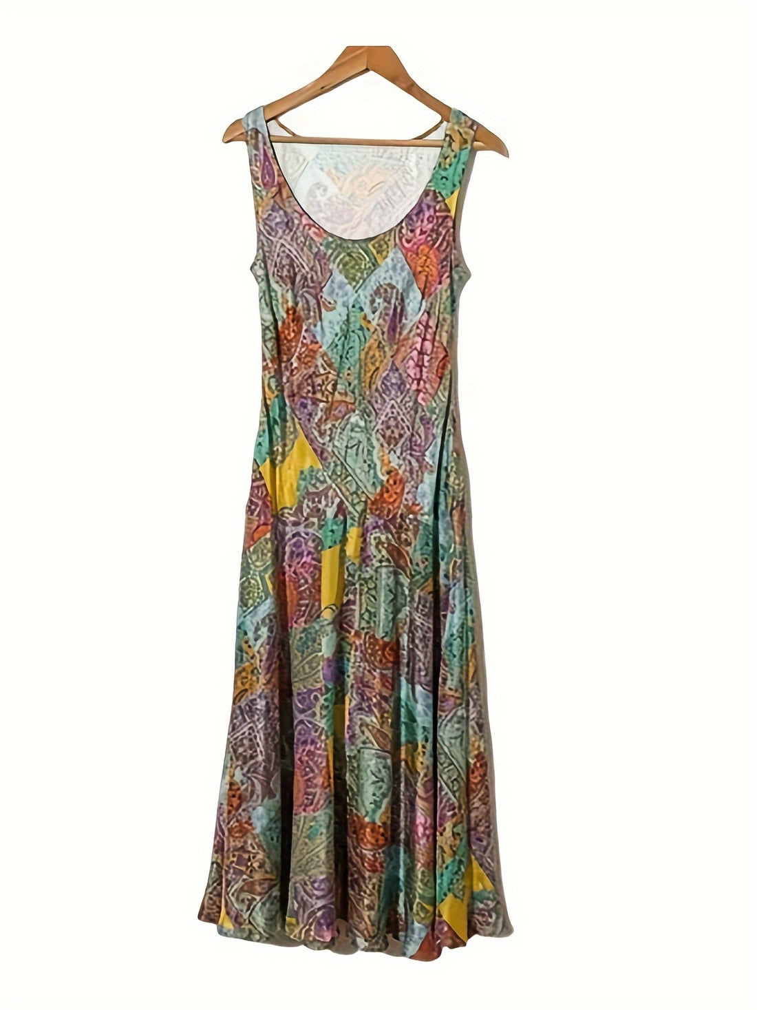 Tropical Print V Neck Tank Dress, Vacation Sleeveless Slim Ruffle Hem Flared Dress