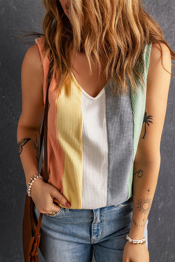 Multicolor Color Block V-Neck Waffle Knit Tank Top