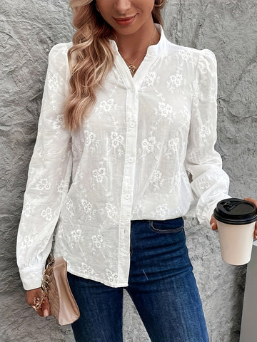 Floral Embroidery Button Front Long Sleeve Blouse