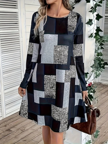 Women's Casual Crew Neck Long Sleeve Geometric Print Dress