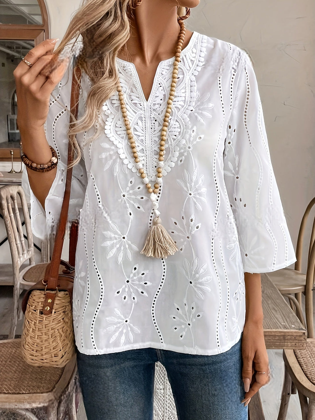 Chic Eyelet Notched Neck Blouse - Elegant 3/4 Sleeve Solid Color Top with Classic Fit