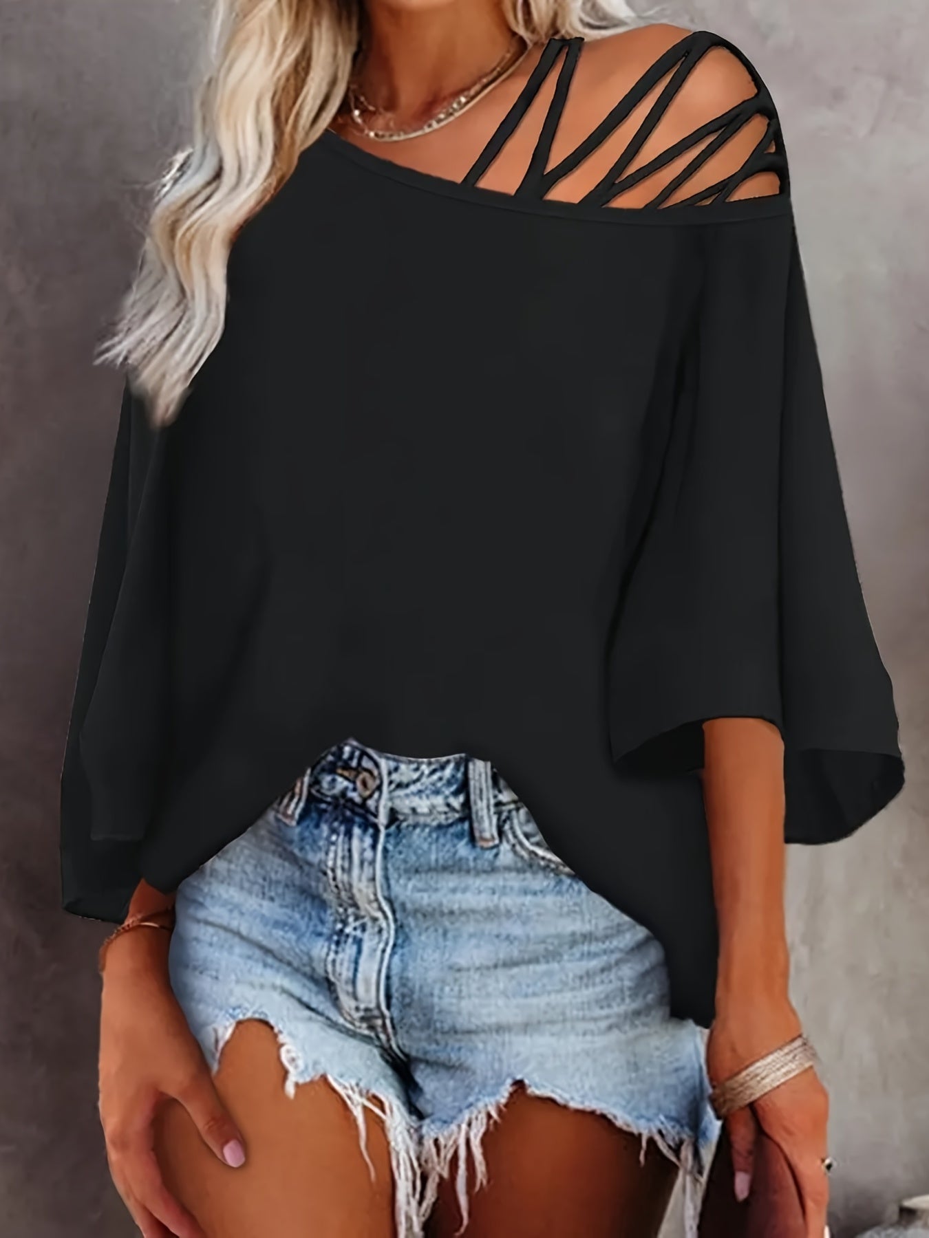 Cold Shoulder Criss Cross T-Shirt, Casual Crew Neck Long Sleeve T-Shirt