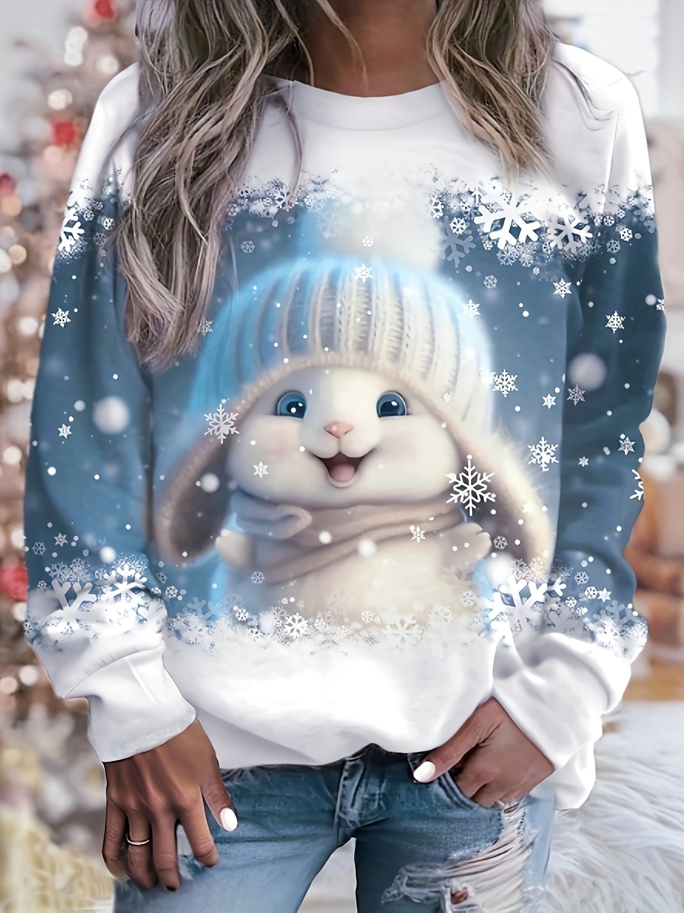 Casual Round Neck Elegant Knit Design Christmas Themed Long Sleeve Pullover Top