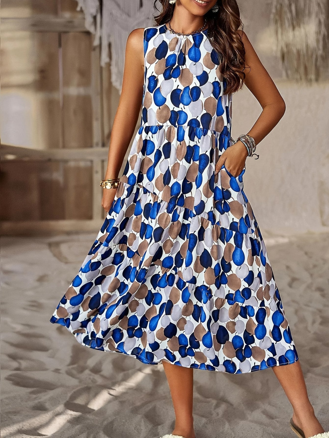 Allover Print Crew Neck Tank Dress, Casual Sleeveless Flowy Dress