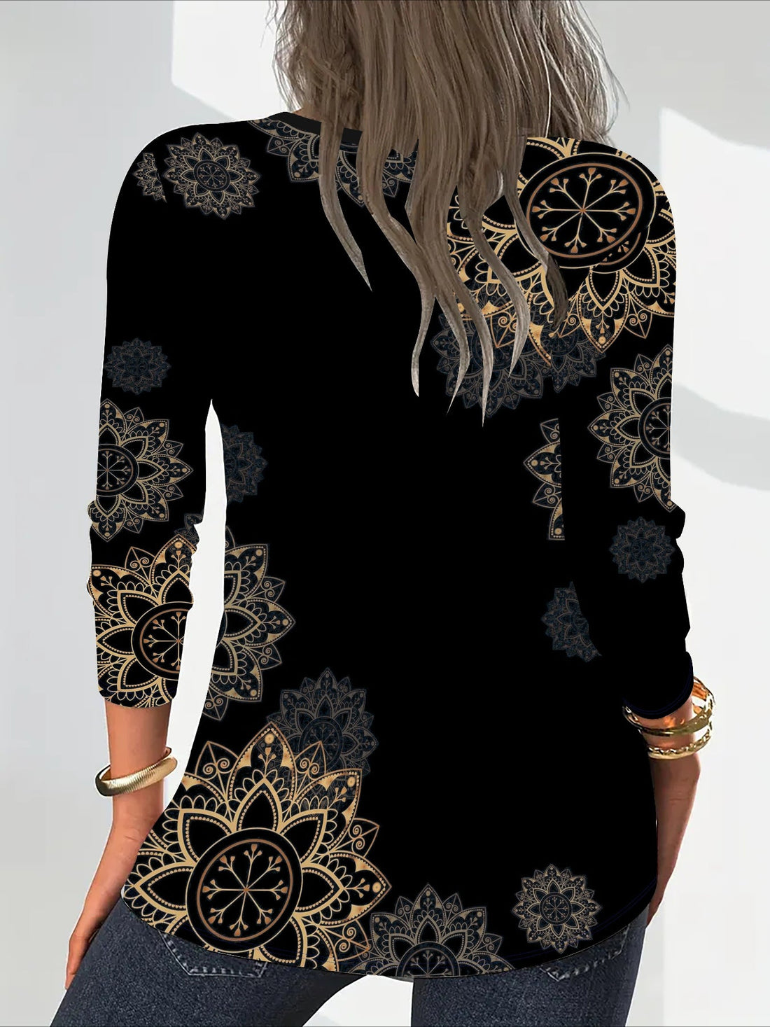 Long Sleeve Elegant Floral Print V-Neck T-Shirt with Zipper Detail