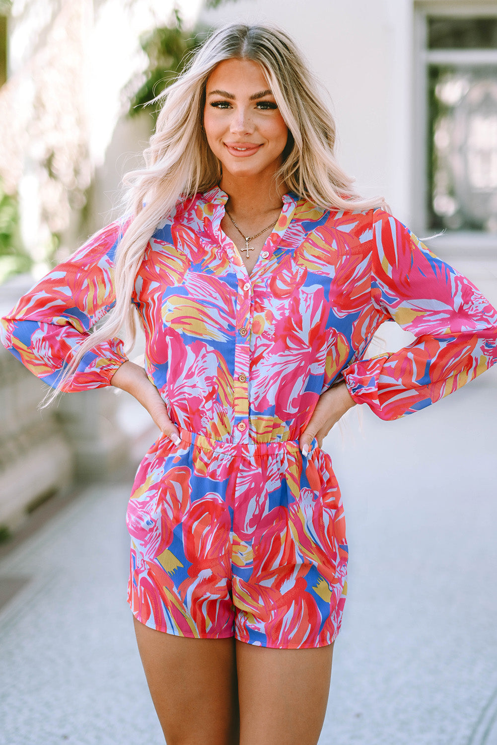 Multicolor Bold Graffiti Print Shirt Button Romper