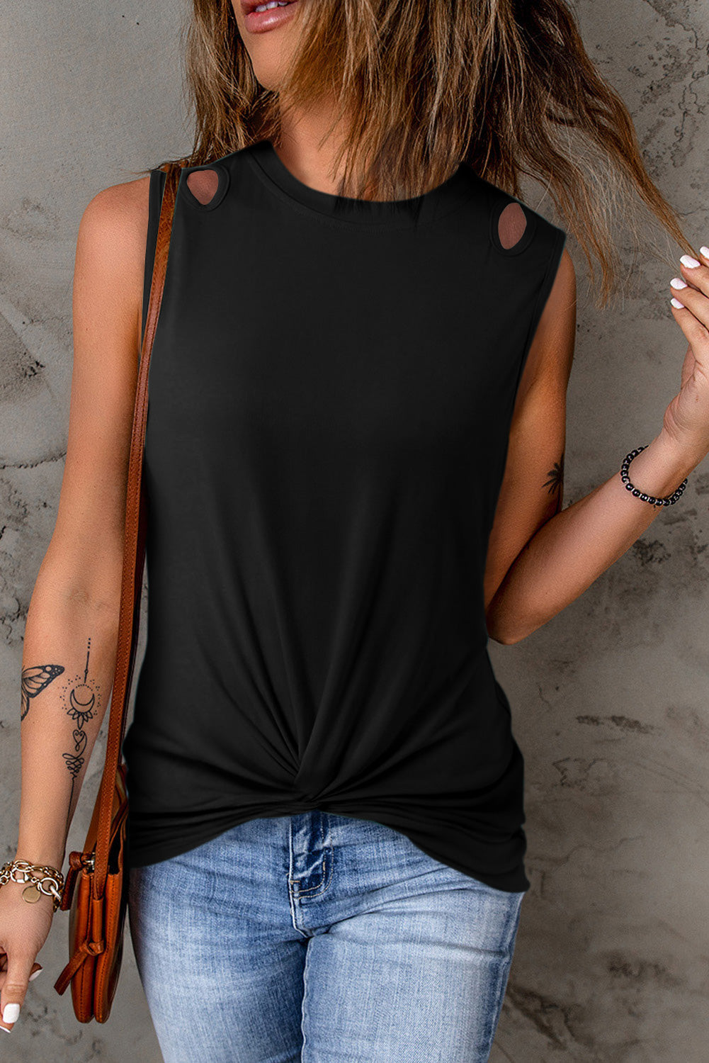 Black Rib Knit Cut-out Front Twist Tank Top