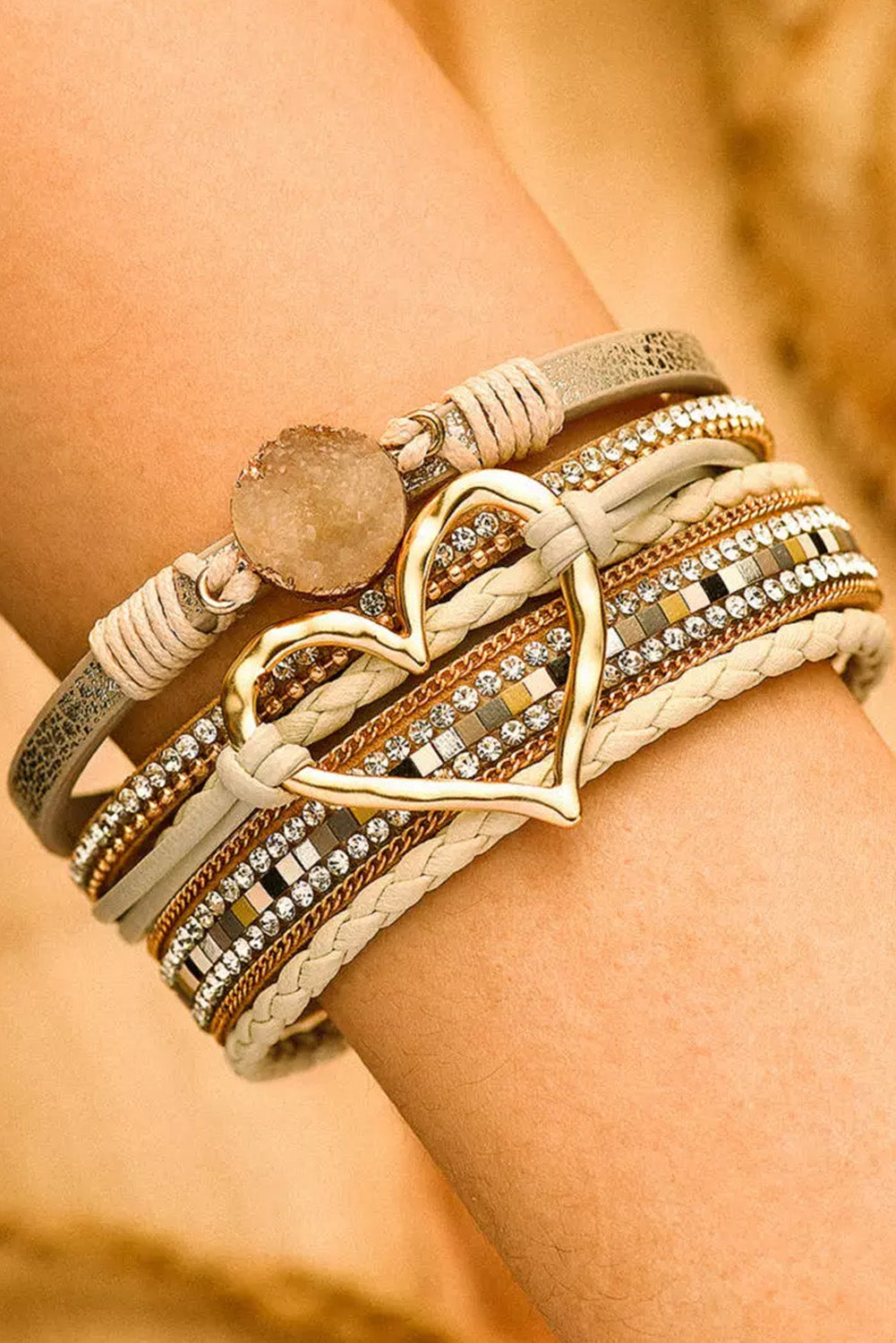 Beige Bohemian Heart Rhinestone Magnetic Buckle Bracelet