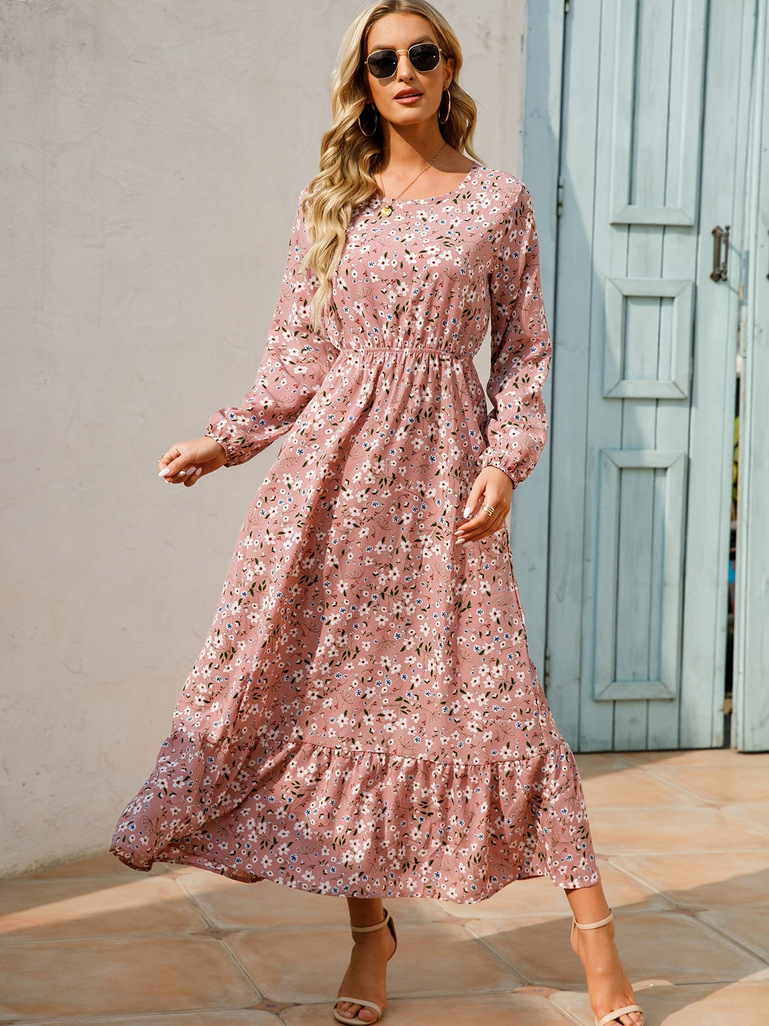 Bohemian Flowy Ruffle Long Dress, Casual Floral Print Long Sleeve Crew Neck Waist Long Dresses