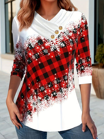 Christmas Snowflake Print Button Decor T-shirt, Casual Long Sleeve Plaid Print T-shirt