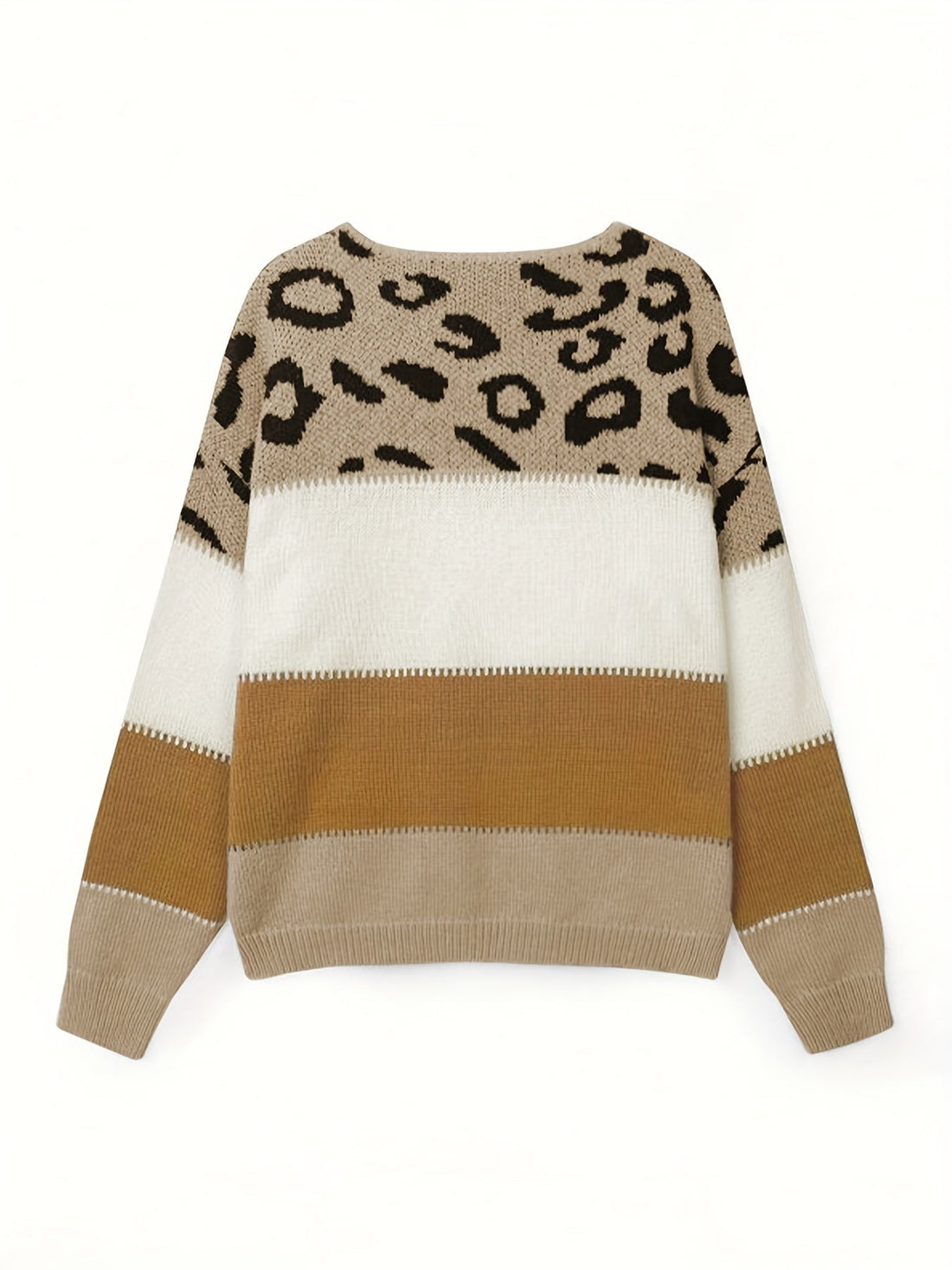 Chic Leopard Print Color Block Knit Sweater - Casual Crew Neck, Long Sleeve Pullover