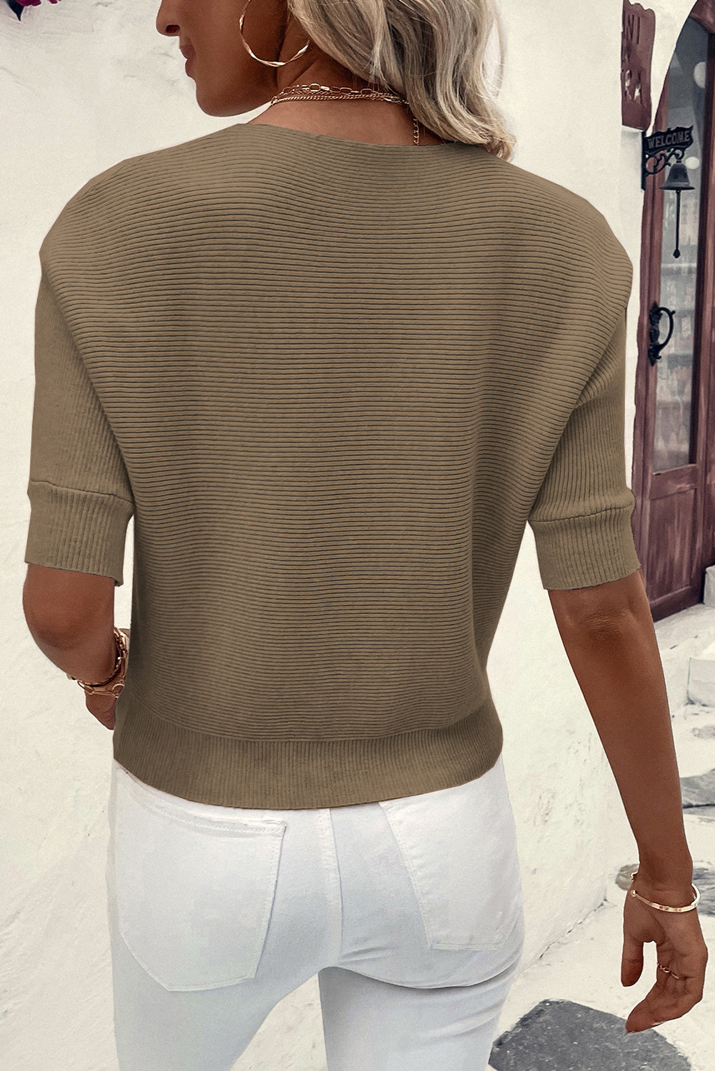 Coffee Round Neck Half Sleeve Ribbed Knit Top