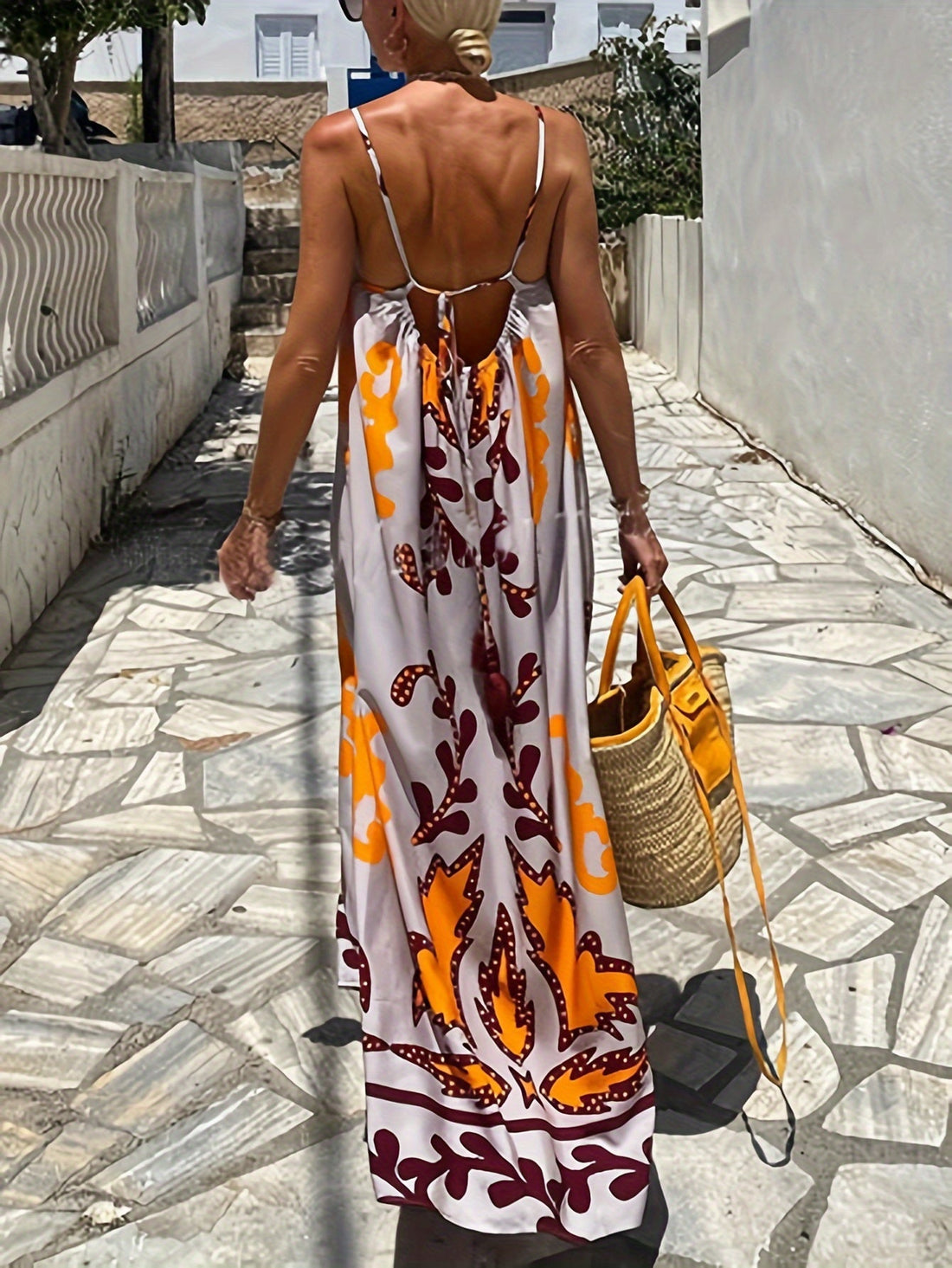 Ethnic Pattern Print Cami Dress, Vacation Tie Backless Sleeveless Dress