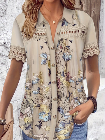 Floral Print Button Front Shirt, Casual Cut Out Short Sleeve Shirt