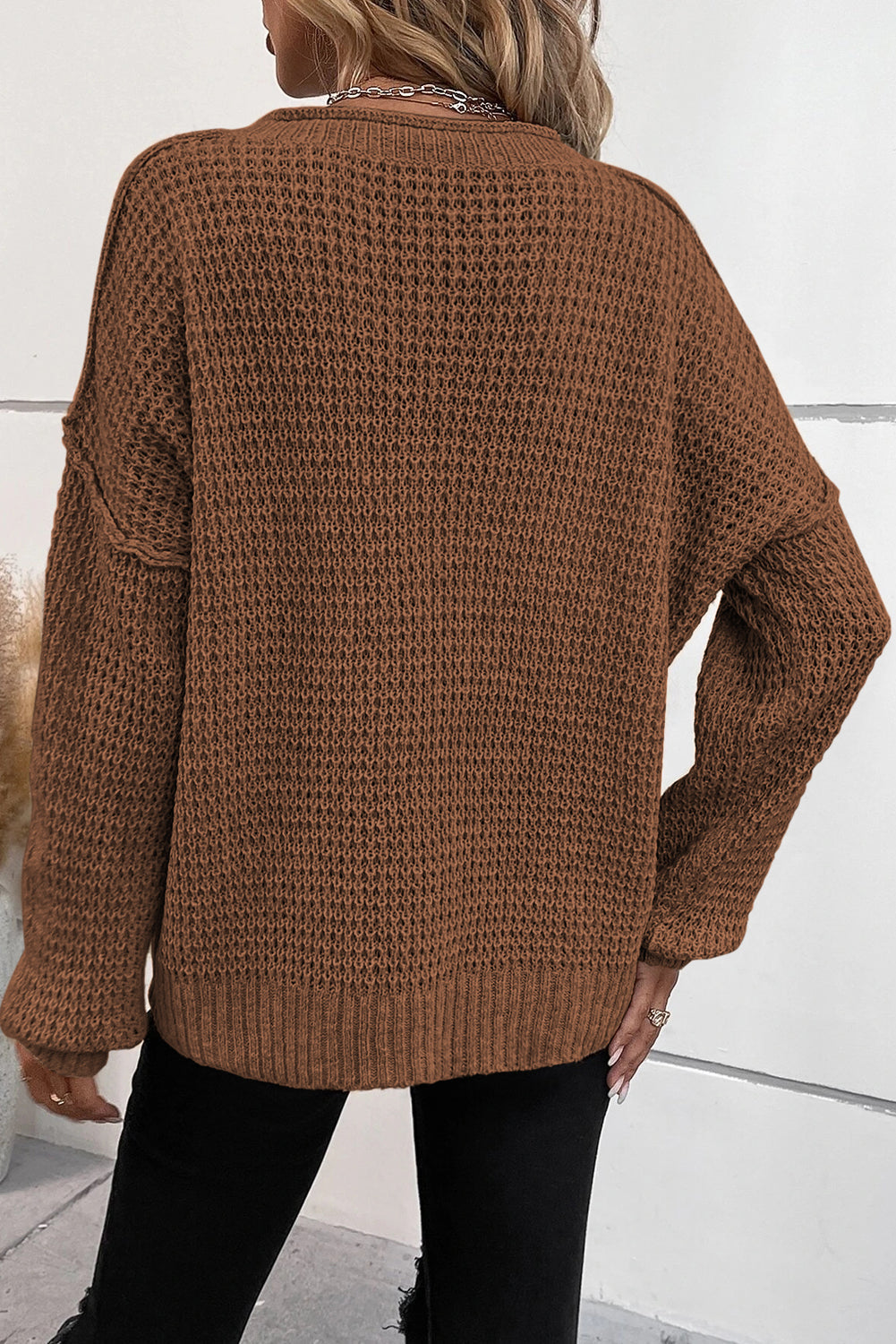 Coffee Pointelle Knit Button V Neck Drop Shoulder Sweater