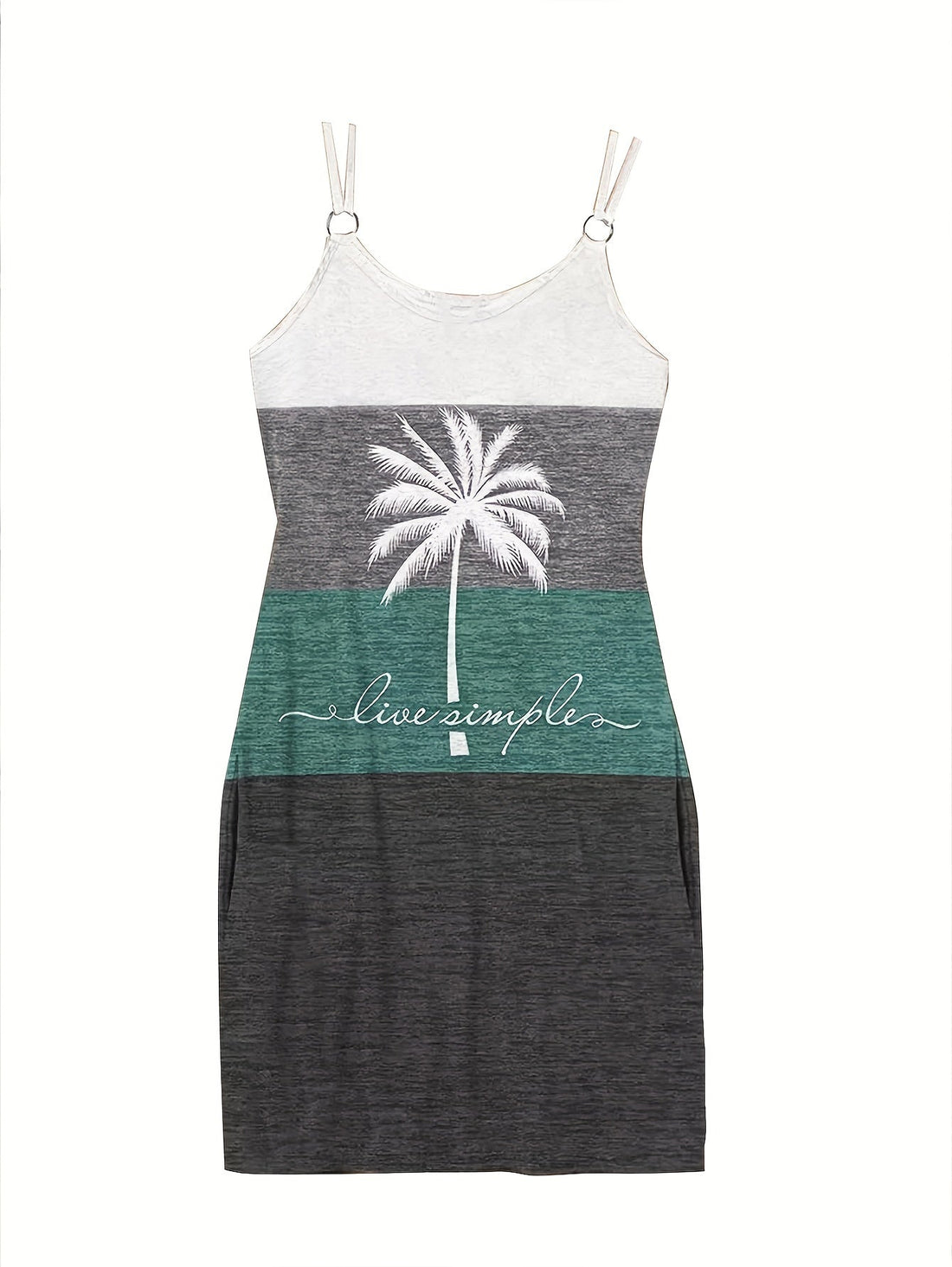 Color Block Coconut Tree Print Cami Dress, Casual Spaghetti Strap Dress