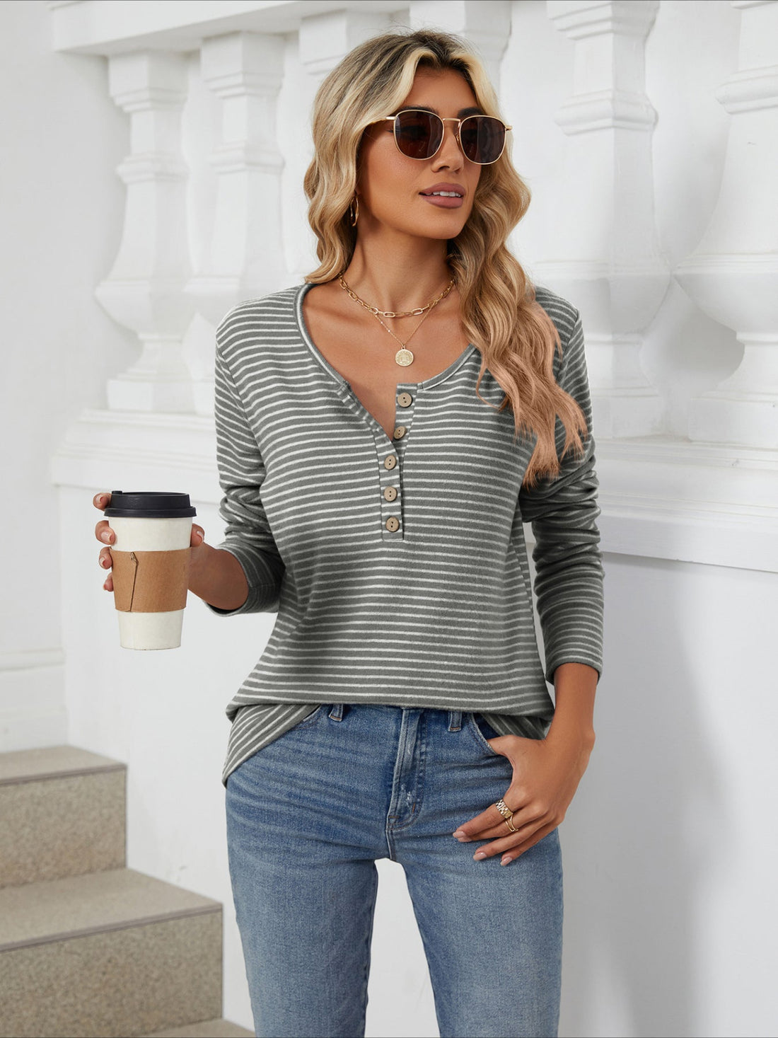 Women's Button Up Striped Shirts Long Sleeve Color Block Blouses Fashion Fall Tops