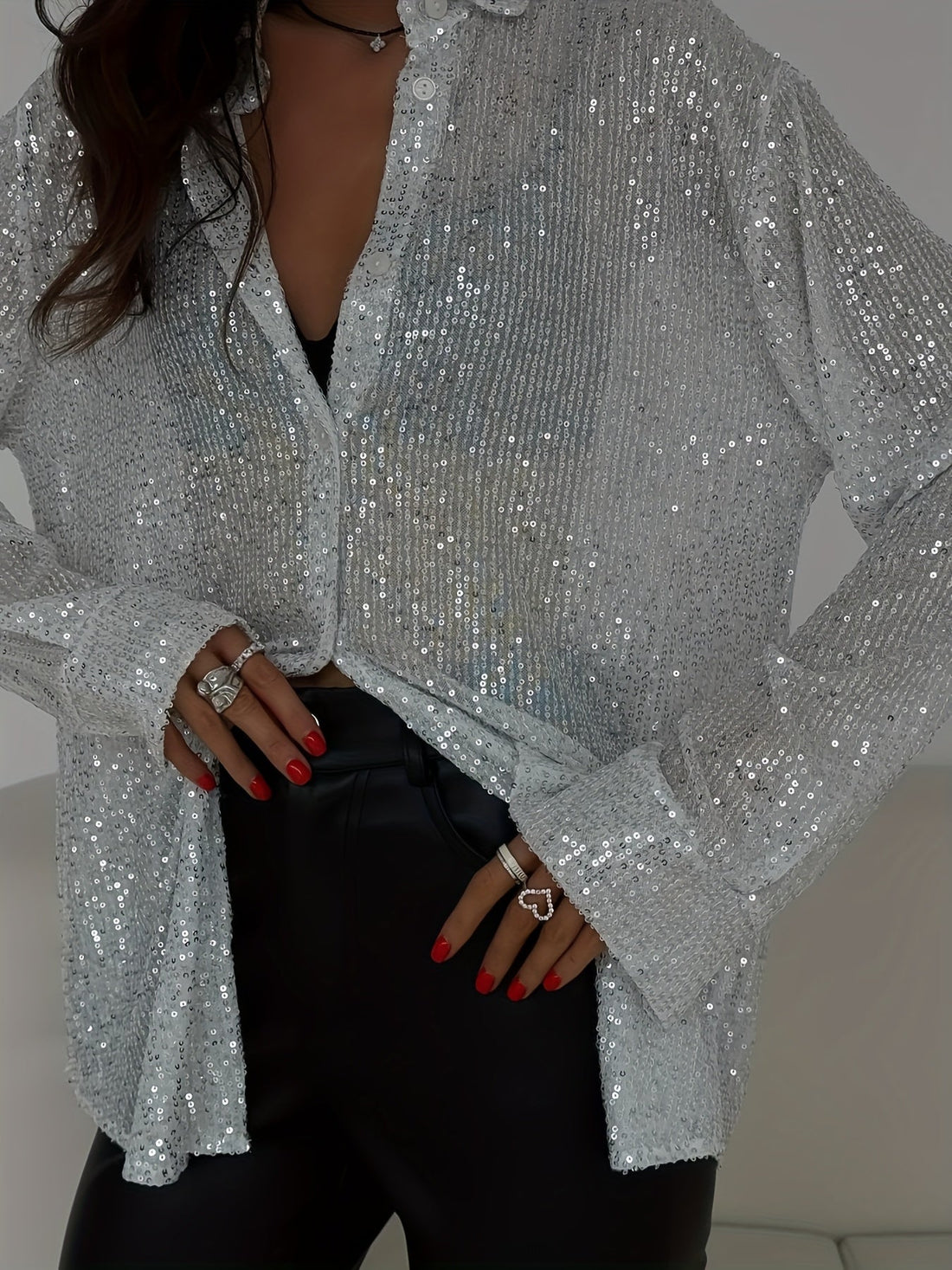 Womens Sequins Long Sleeve Collared Shirt Button Down Open Front Shirt Loose Tops