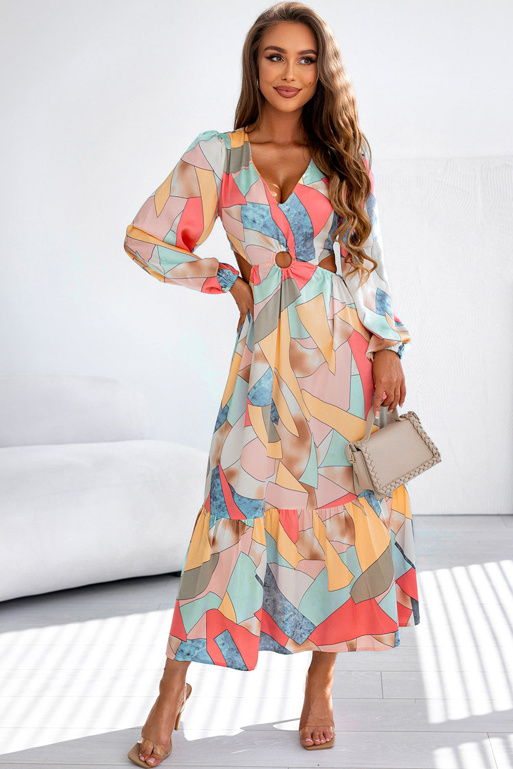 Multicolor Abstract Print O-ring Cut out Long Sleeve Maxi Dress