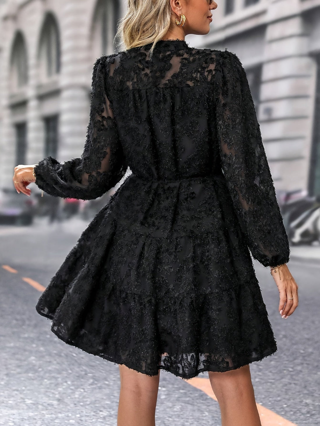 Long Sleeve Solid Color Elegant Button Front Pleated Dress