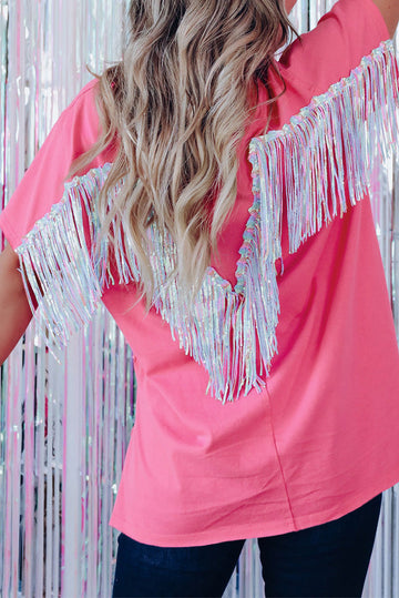 Rose Red Sequined Fringe Wing High-low Hem T-shirt